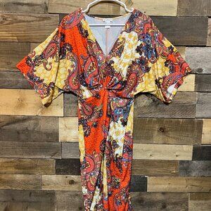 Venus Twist Front Vibrant Color Orange Yellow Bat Wing Paisley Boho Dress Small